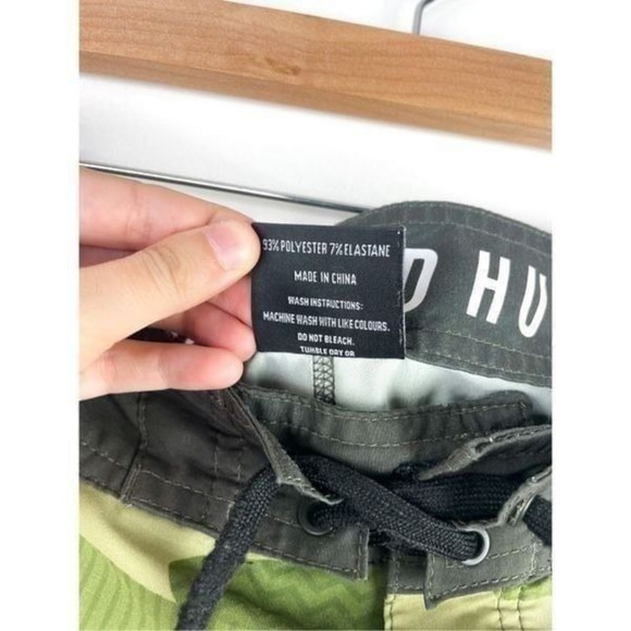 The Mad Huey’s Green Camouflage Board Shorts / Swim Trunks with Yellow Stripe Si - Picture 8 of 12